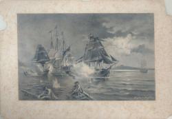 Gravura em litografia preto e branco, apresentando vista de uma batalha. Em 1 plano, barco com figura masculina e uma segunda figura masculina prxima, ao mar, apoiada em pedao de madeira. Atrs destes, trs caravelas. No fundo,  esquerda, uma quarta caravela. Gravura est aderida a suporte de papel de alta gramatura.